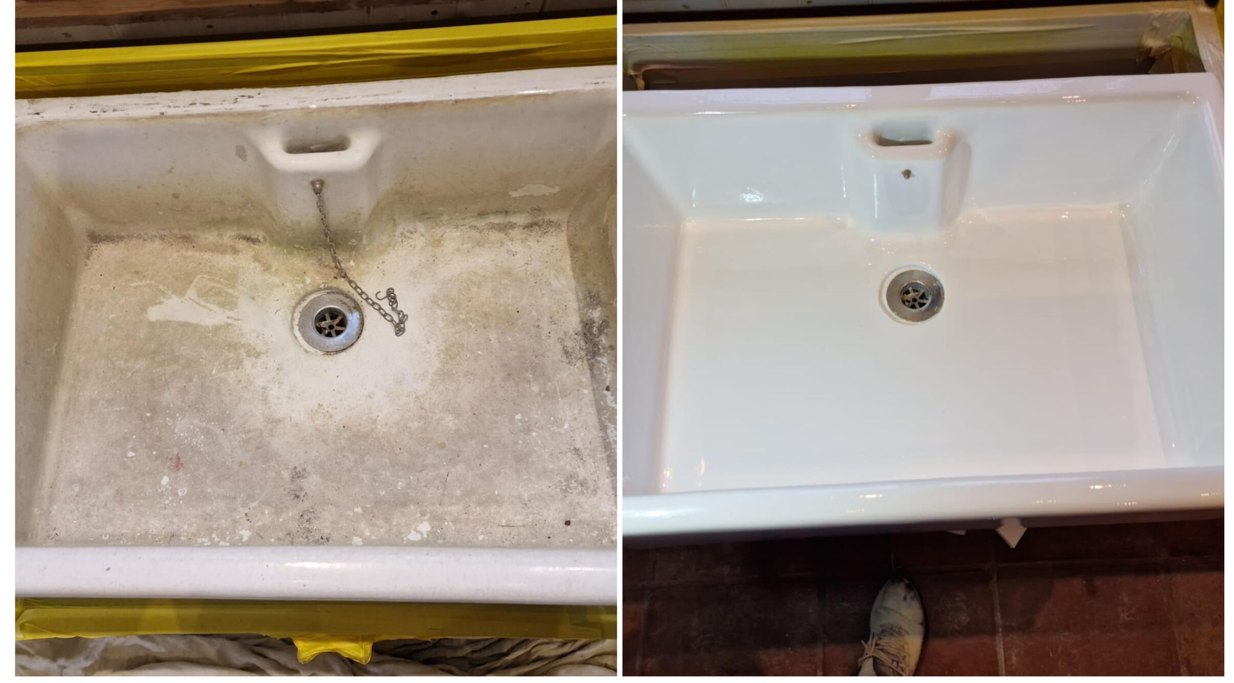 BELFAST KITCHEN SINK RESTORED IN Newbury BEFORE AND AFTER PHOTOS OF A KITCHEN CERAMIC BELFAST SINK, WAS DAMAGED AND FULL OF CHIPS, FULLY RESORED TO A LIKE NEW FINISH IN Newbury