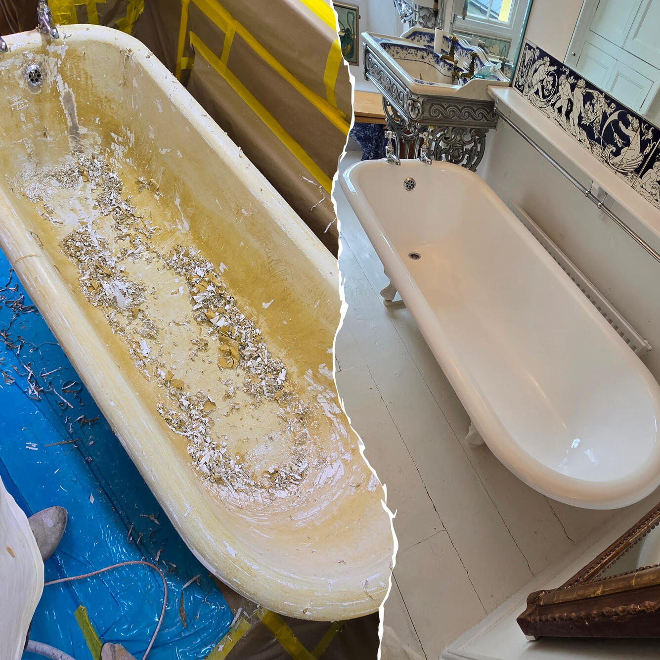 Before and after Victorian cast iron roll top bath re-enamelling in Speen, Newbury