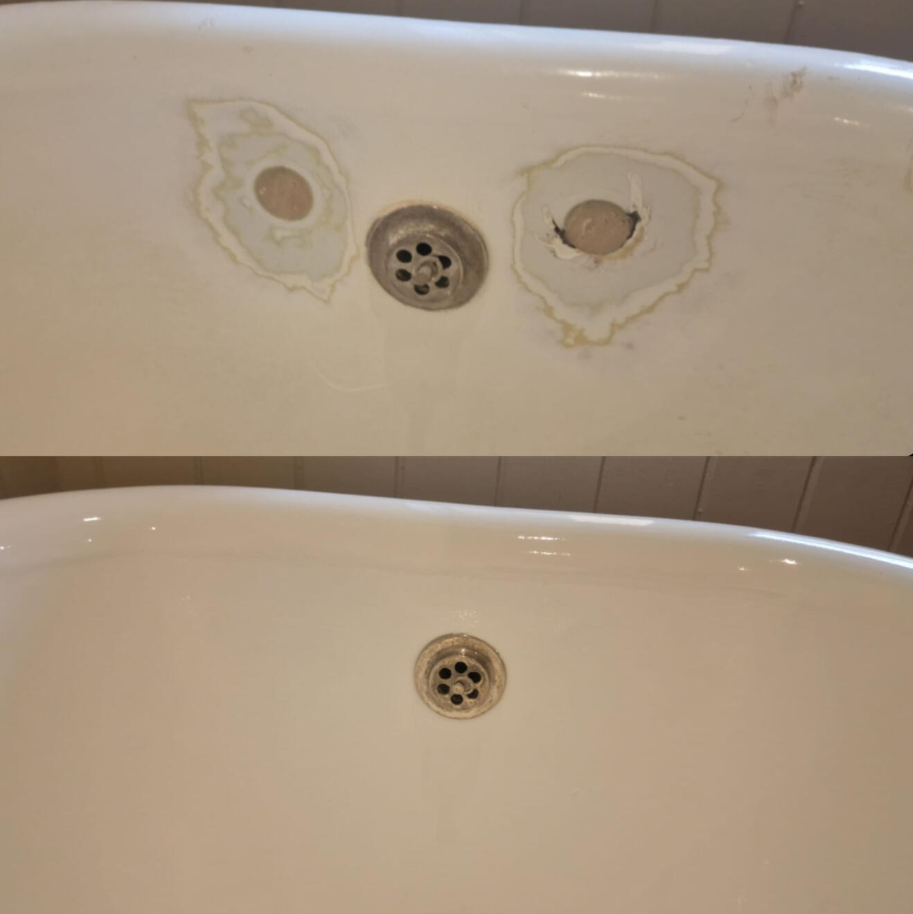 Before and after cast iron bath tap holes filled and repaired in Newbury