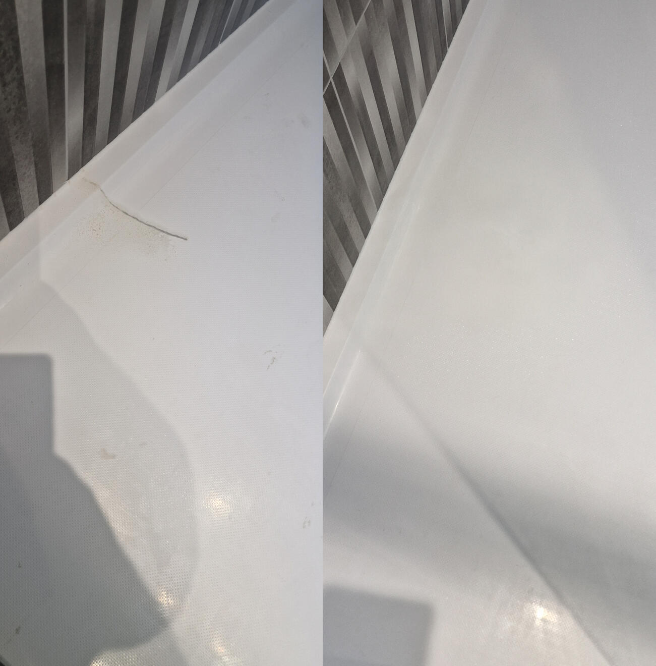 before and after pictures of a stone resin acrylic shower tray crack repair Reinforced shower tray crack repair in Newbury