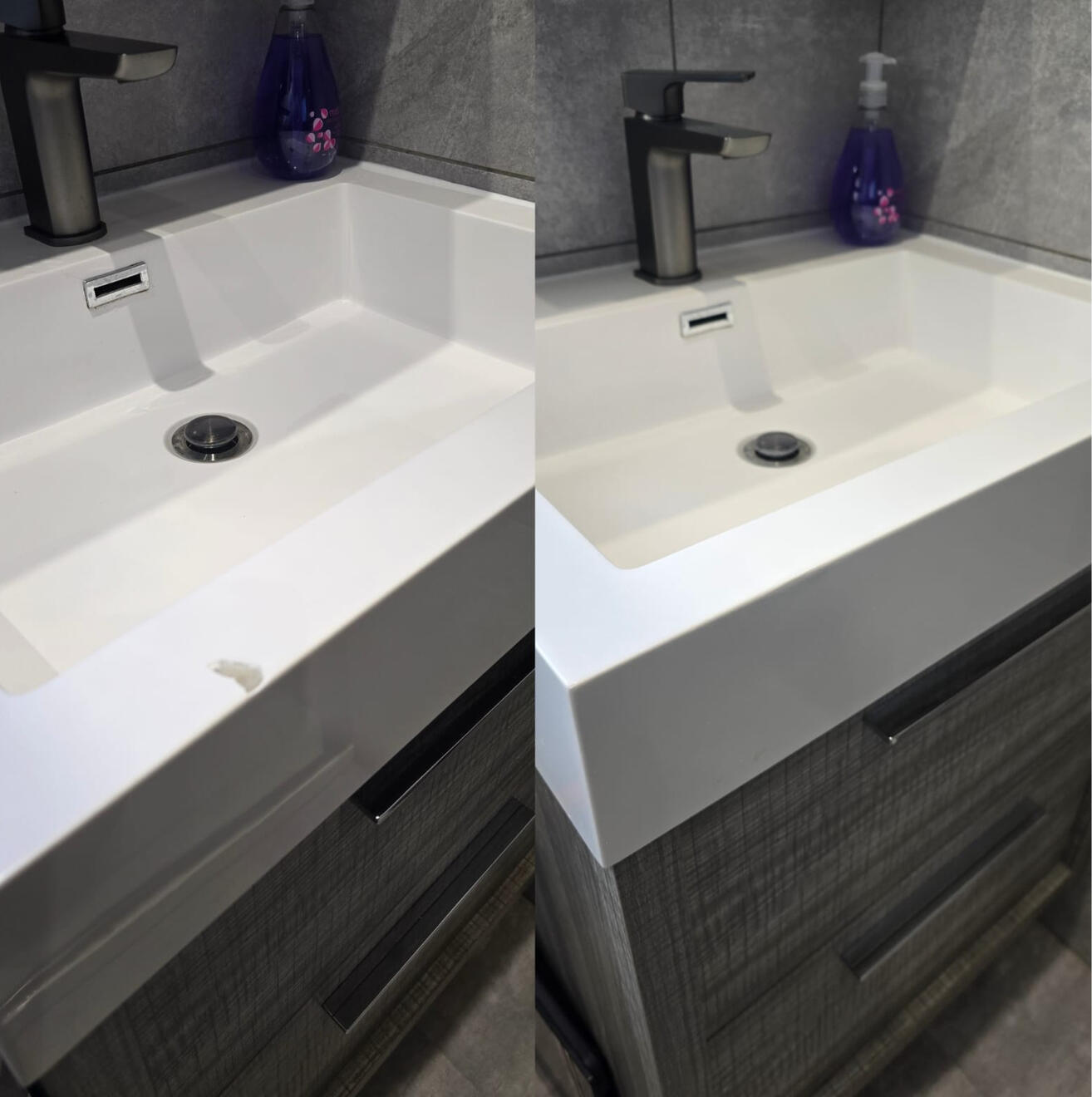 Before and after composite bathroom basin chip repair in Hungerford, Newbury
