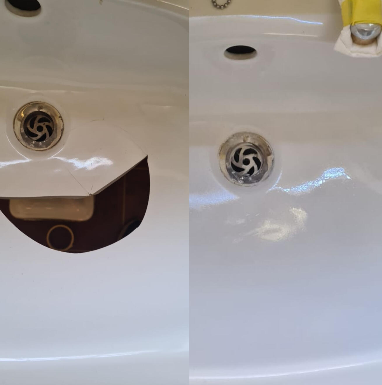 Before and after ceramic sink crack repair in Newbury
