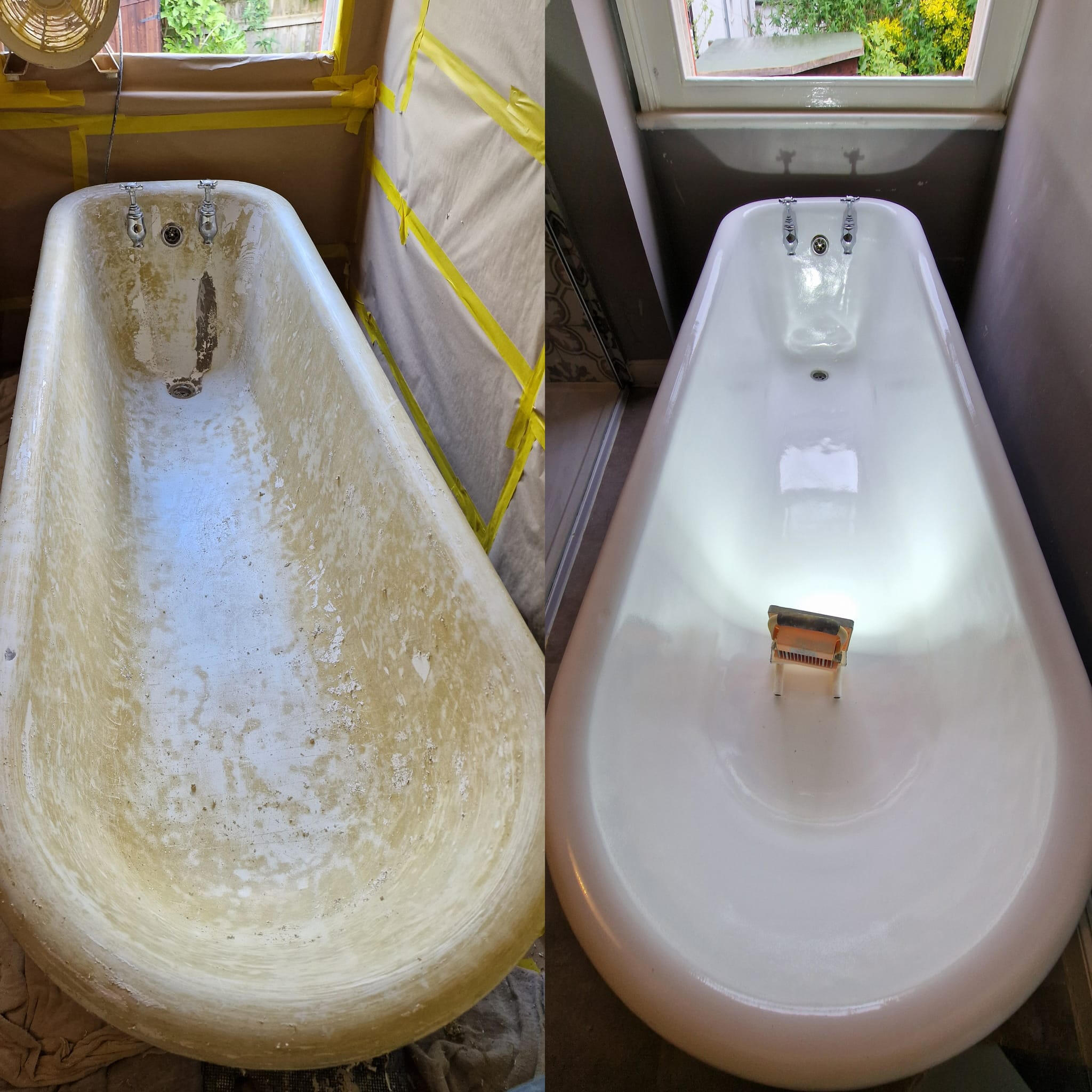 Before and after roll top cast iron bath re-enamelling in wash common, Newbury